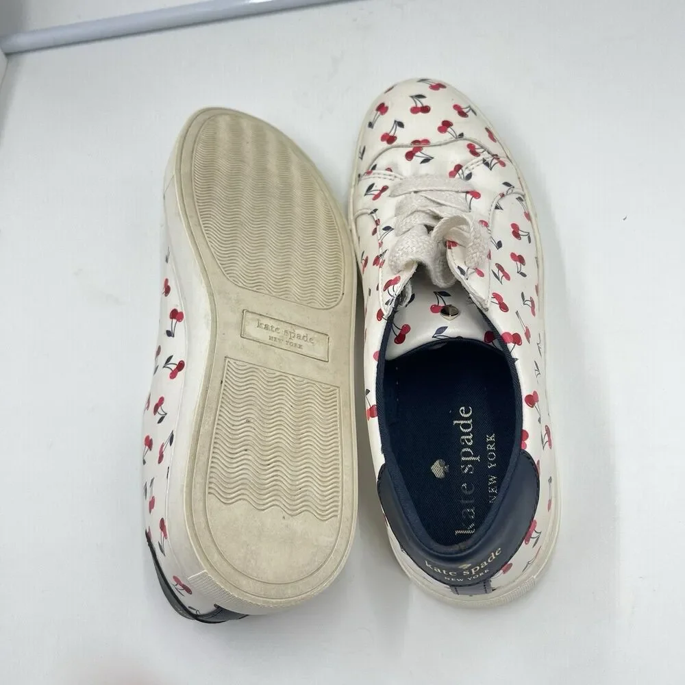 White Cherry-Print Low-Top Sneakers with Navy Heel Accent